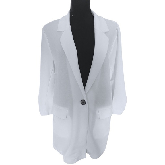 Open Front White Ruched Sleeve Single Button Hourglass Blazer Casual Size Large - Picture 3 of 15